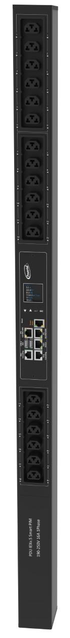 Powertek Intelligent PDU 230V, 1 fase, 16amp, låsning af power kabler, C13/C19 kombination i samme udtag, 18 udtag redundant netværks mulighed,  OLED display, overvågning af sikringer
